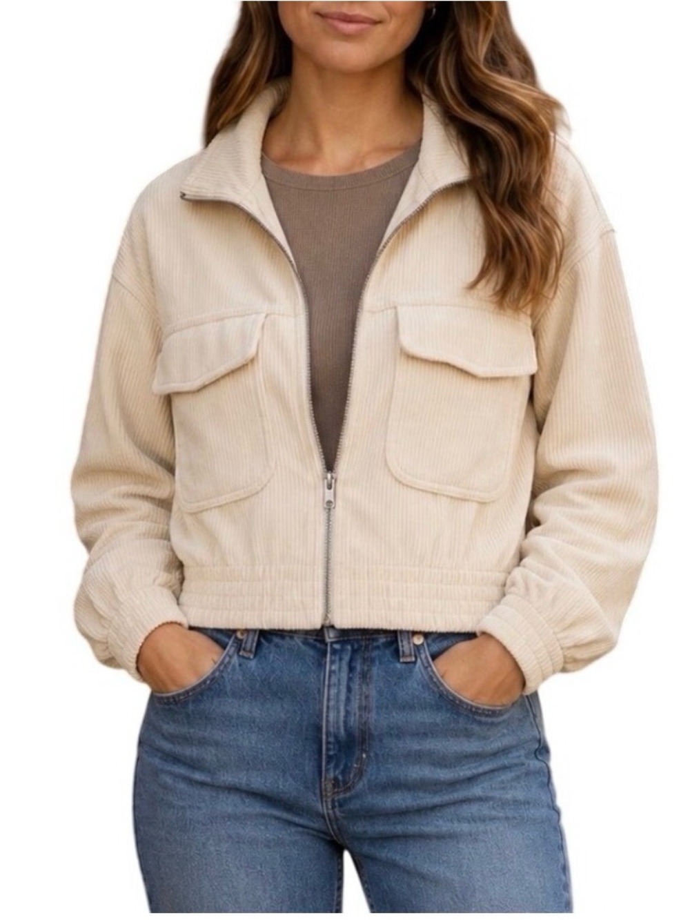 Aerie Cropped Jacket Womens Medium Corduroy Cream Zip Up Groove On Crop soft